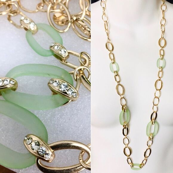 Vintage Charming Charlie Mint Rhinestone Link Necklace 4252 - Picture 1 of 8